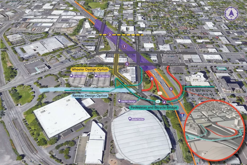 Diagram of proposed Interstate 5 improvement project in Portland, Oregon showing new freeway cap and pedestrian and bicycle bridge.